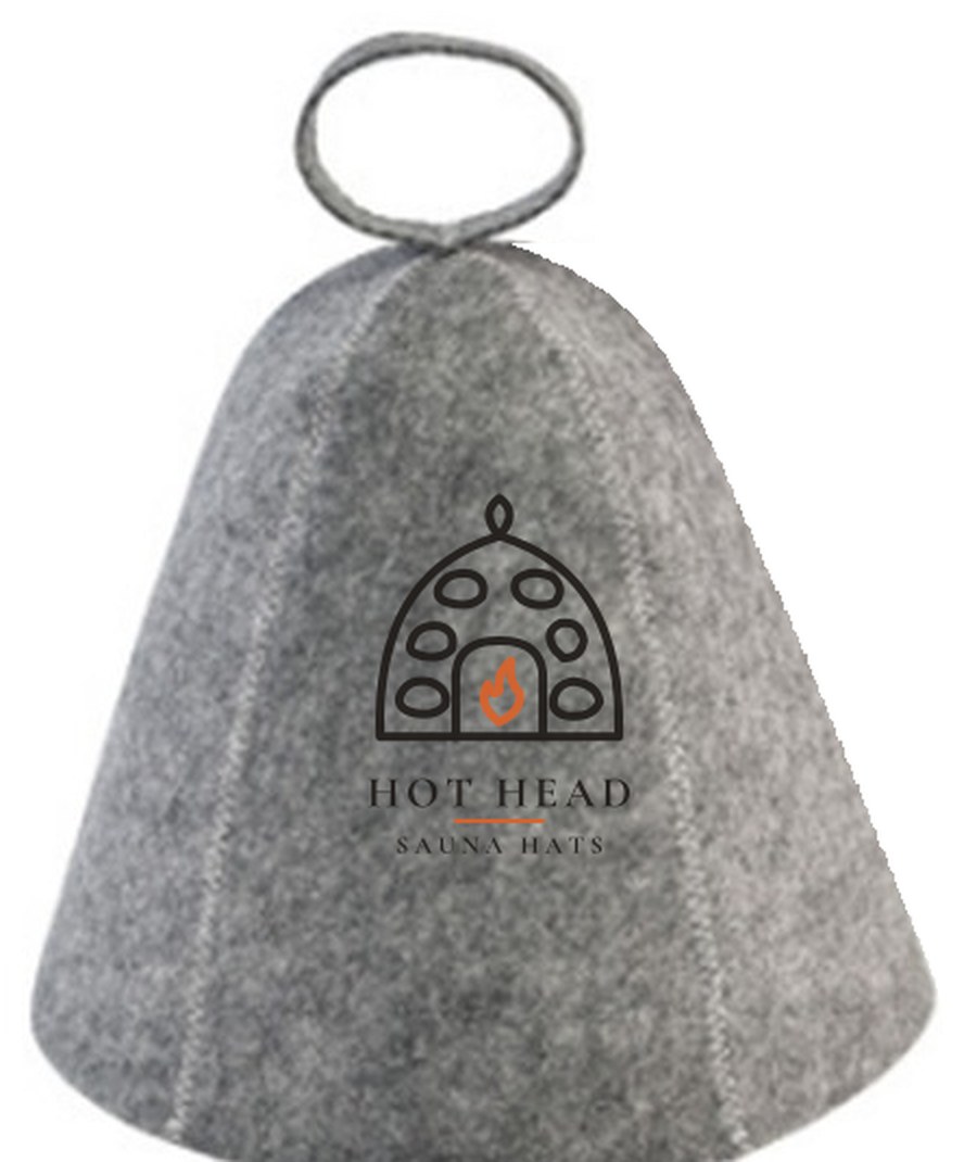 Grey wool felt Hot Head sauna hat with the embroidered sweat-house logo